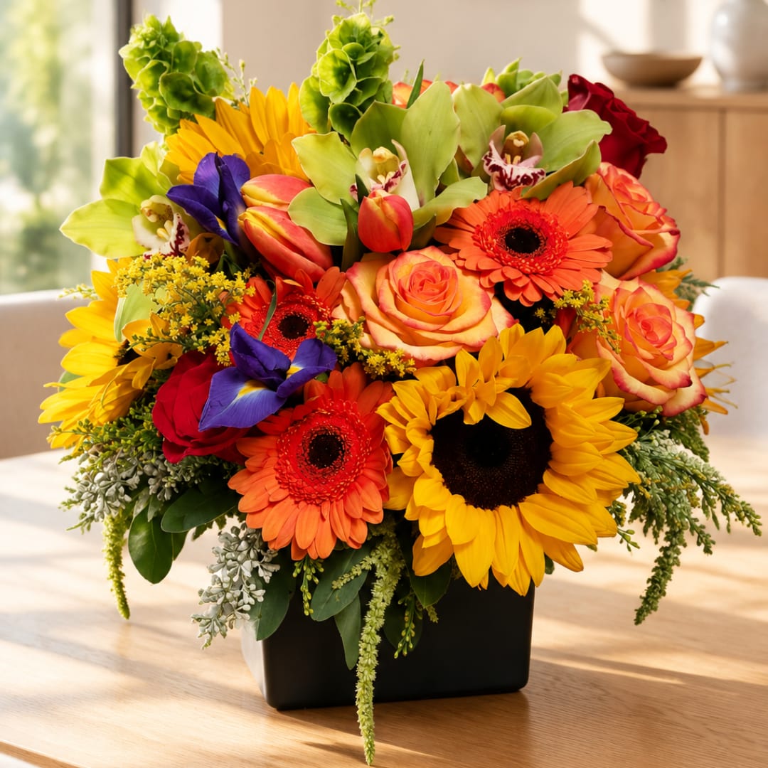 Colorful bouquet of sunflowers, roses, gerbera daisies, and orchids in a black vase