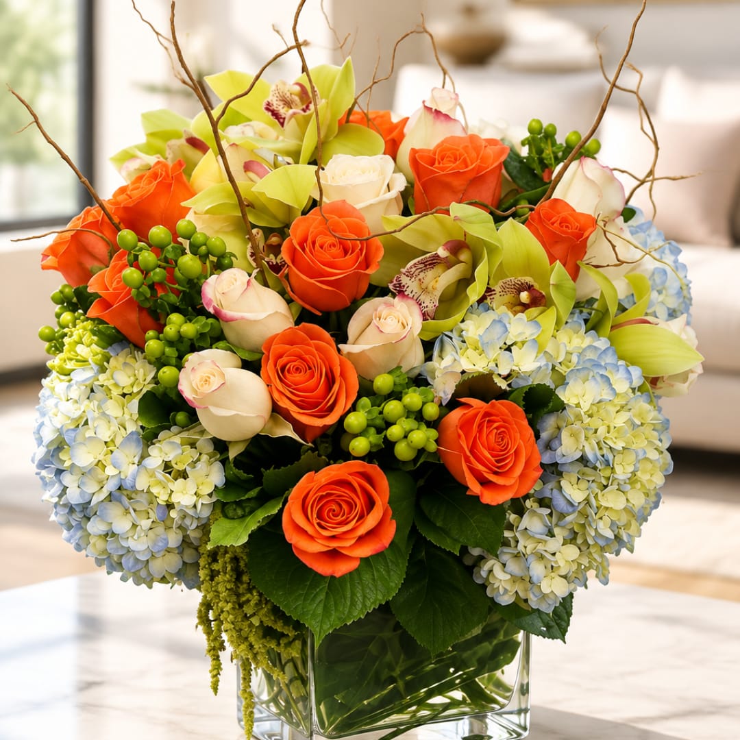 Orange roses and pale orchids with blue hydrangeas in a clear glass vase