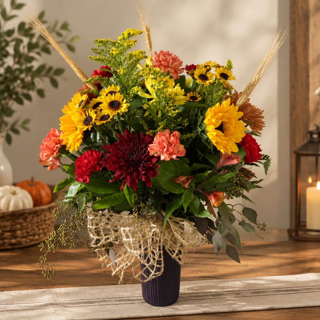 Colorful autumn bouquet in a dark vase with straw accents