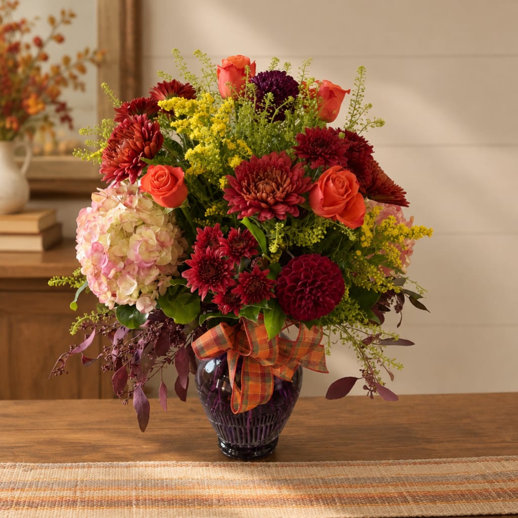 Mixed bouquet in a dark glass vase with a plaid ribbon