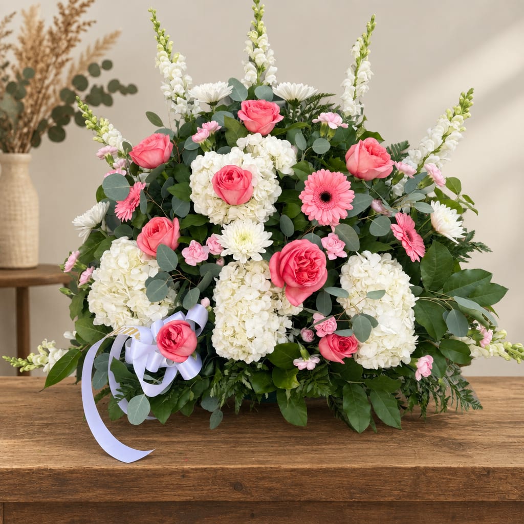 Pink and white floral arrangement with roses and hydrangeas