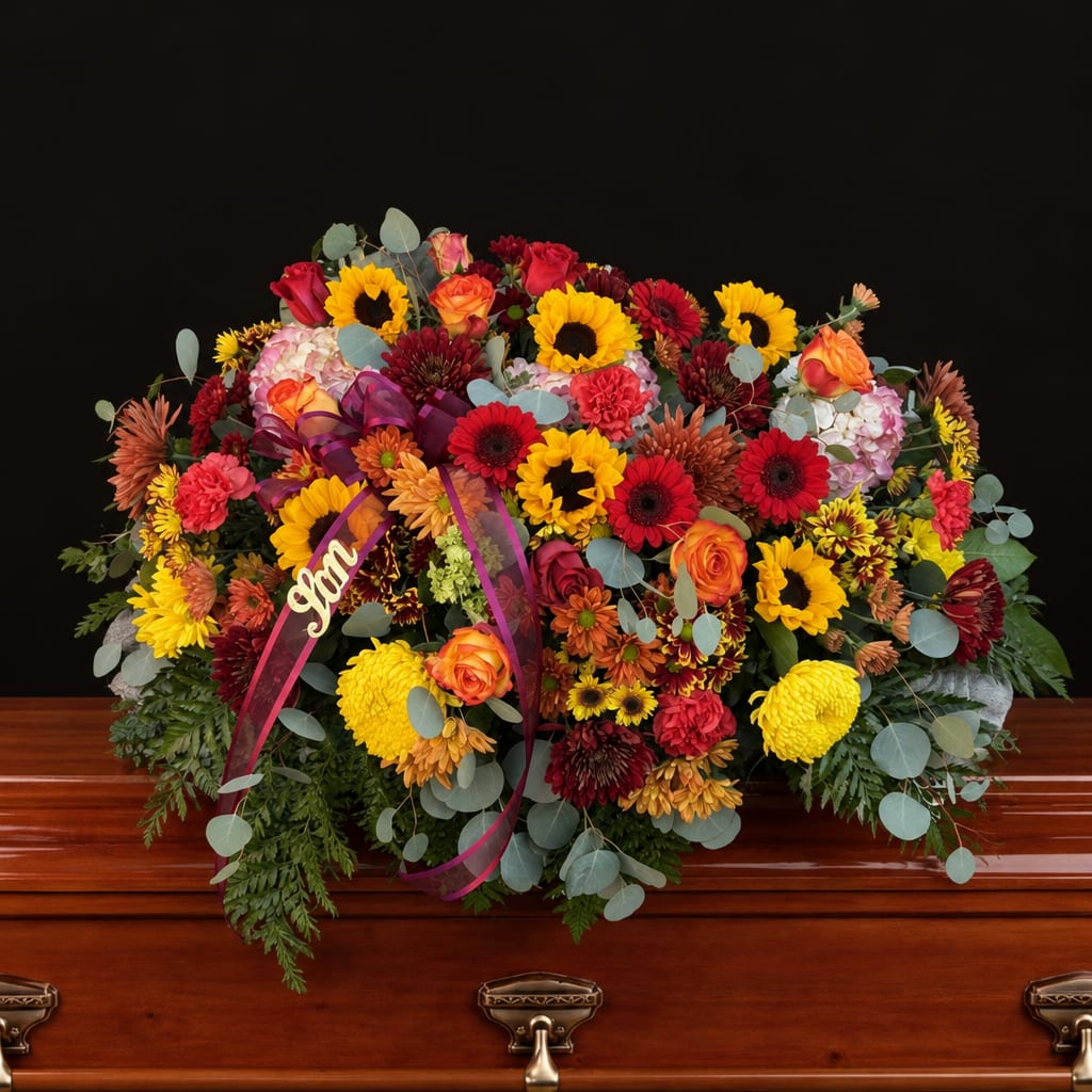 Colorful floral casket spray with ribbon on a wooden casket
