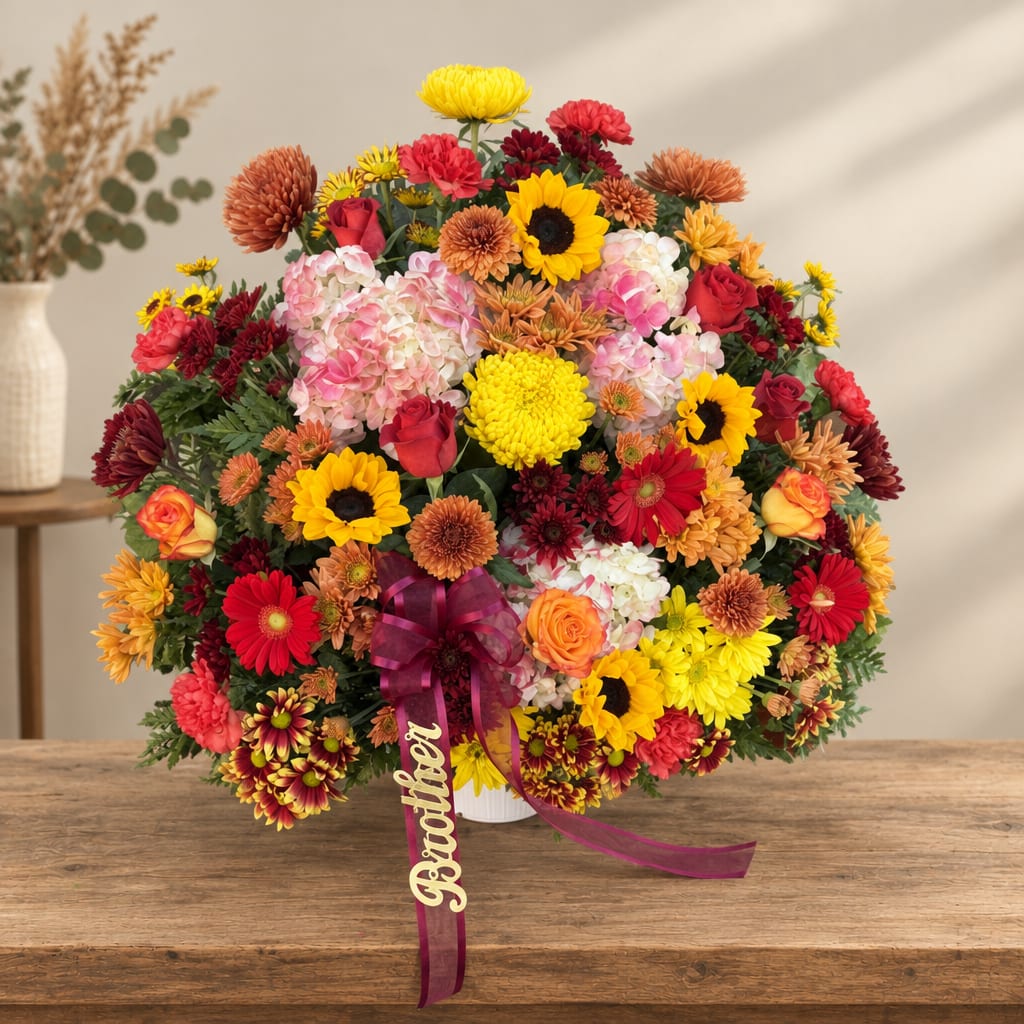 Colorful mixed flower arrangement with a purple ribbon and "Brother" tag in a white vase