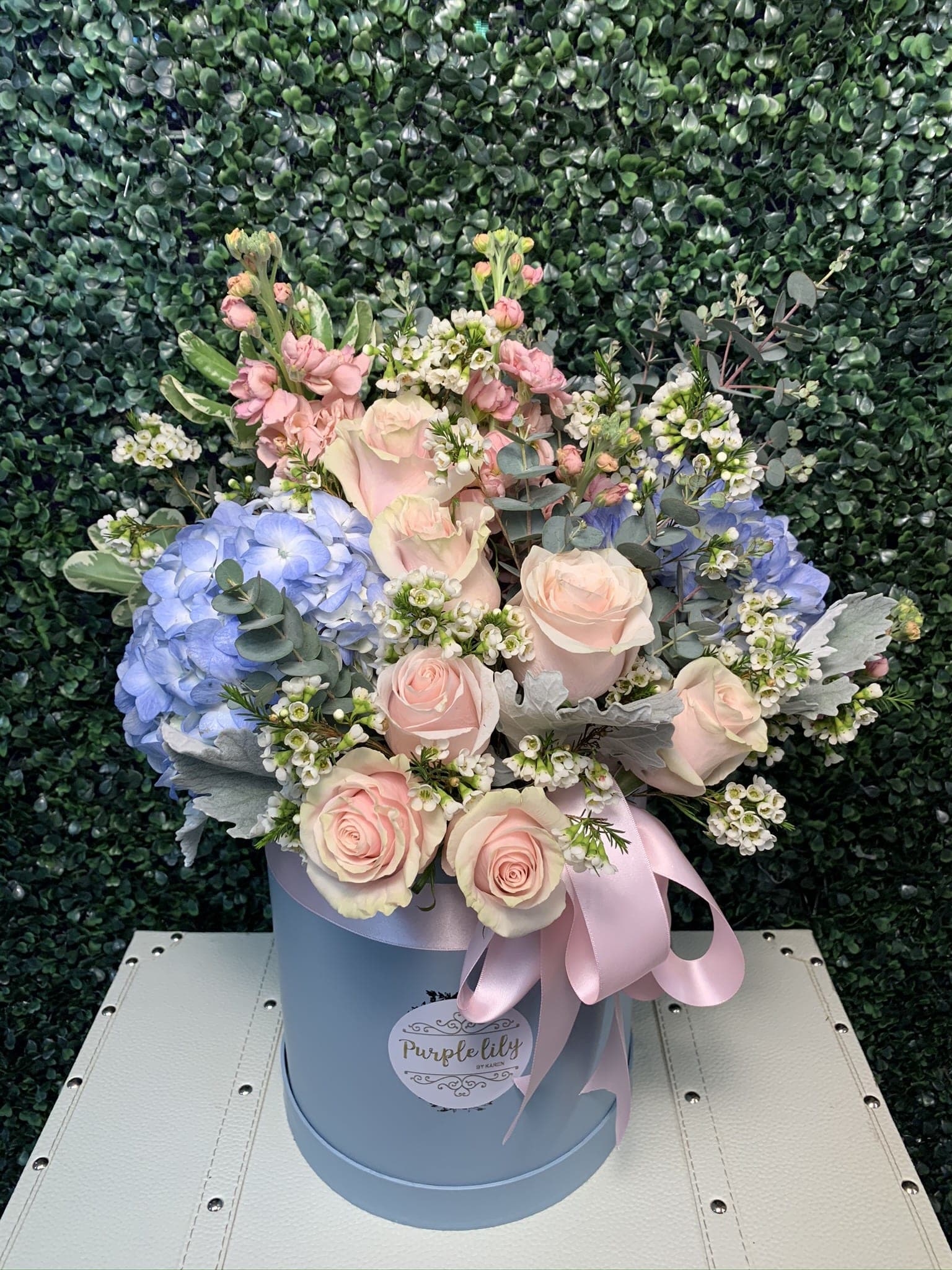 Pastel bouquet of roses, hydrangeas, and small white blooms in a blue hat box