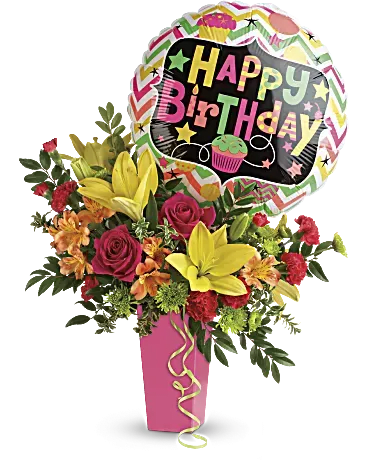 Birthday Bash - Celebrate their special day in a most beautiful way with this burst of bright blooms and a Happy Birthday balloon! This bouquet of hot pink roses, bright yellow lilies and orange alstroemeria in a happy pink vase is an extra special birthday surprise! This celebratory arrangement includes hot pink roses, yellow asiatic lilies, orange alstroemeria, red miniature carnations, green button spray chrysanthemums, huckleberry.  COMES WITH BIRTHDAY BALLOON