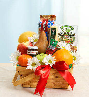 Fruit &amp; Gourmet Basket - Product ID: 91492  Express your best wishes with a gourmet greeting they won't soon forget. Created by our select florists, this gourmet basket is packed with fresh apples and oranges, grapefruit, pears, sausage, cheese, crackers, cookies and more. Accented with daisies for extra sweetness. Hand-packed basket of orchard-fresh fruit and gourmet snacks, accented with daisies, is selected and arranged by our expert florists Large gift basket measures approximately 11"H x 9"W Small gift basket measures approximately 9.25"H x 8"W Fruit and snack assortment, floral and basket may vary due to local availability