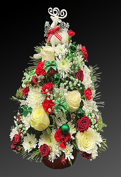 Christmas tree-shaped floral arrangement with red and white flowers