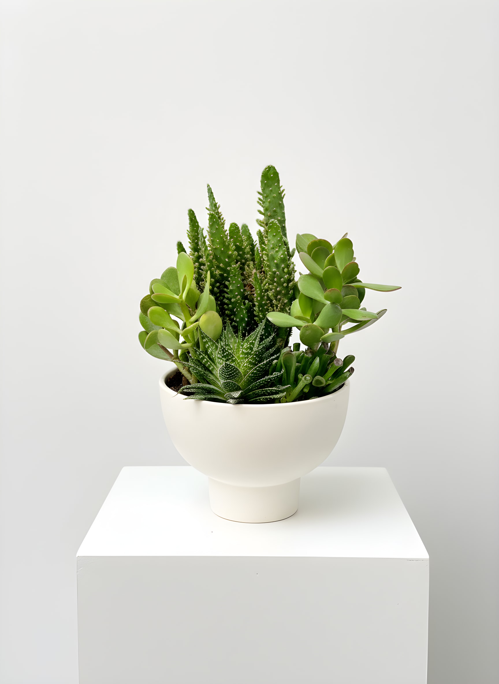 Potted succulent arrangement in a white ceramic planter