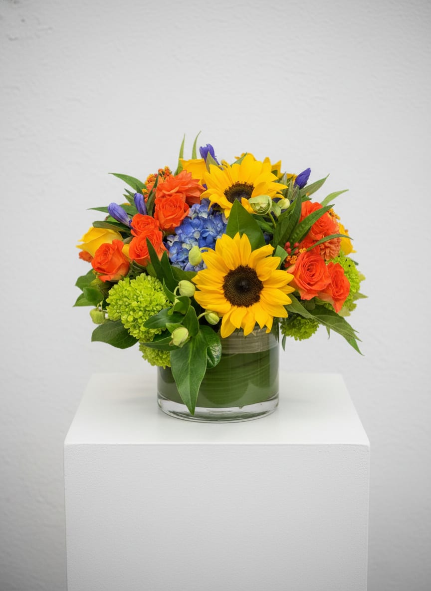Tuscany - Blue hydrangeas and sunflowers accented with yellow and orange roses and greens flowers