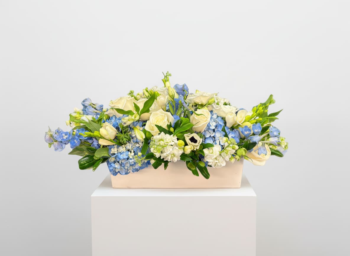 Something Blue - White and blue flowers in a rectangular container for your holiday table