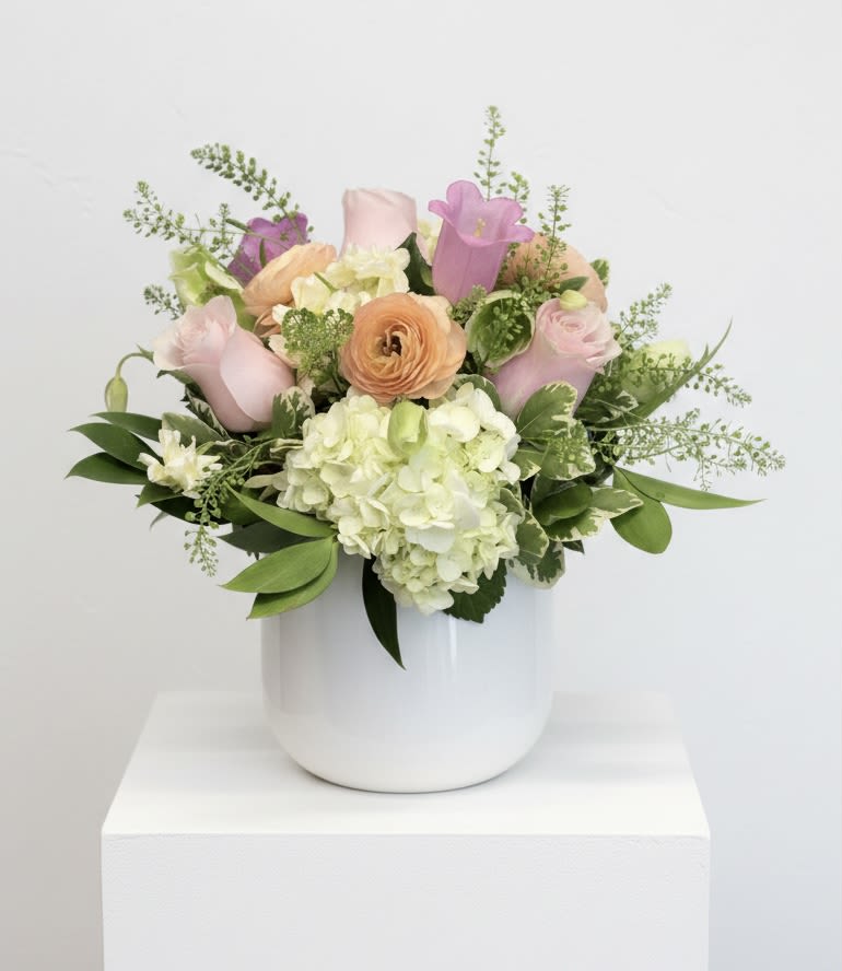 Sweet Autumn Pink and White Flower Arrangement in White Ceramic Vase - Soft colored blooms of the spring season accented with chartreuse pops of color