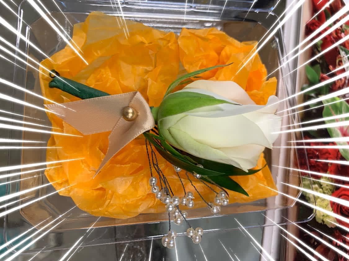 White rose boutonniere with ribbon and pearl accents on orange tissue