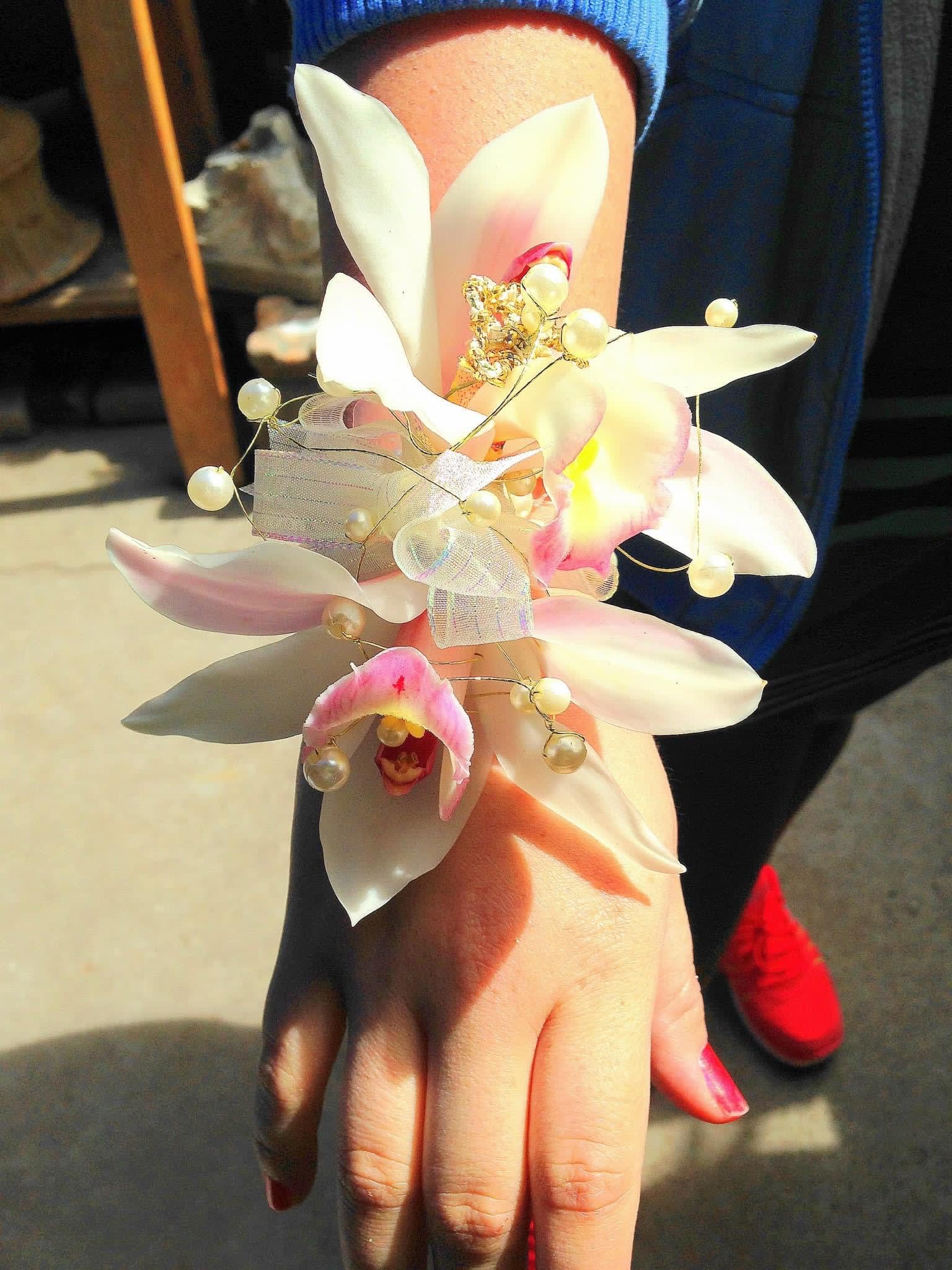 White Beauty Corsage - Cymbidium orchids with pearls