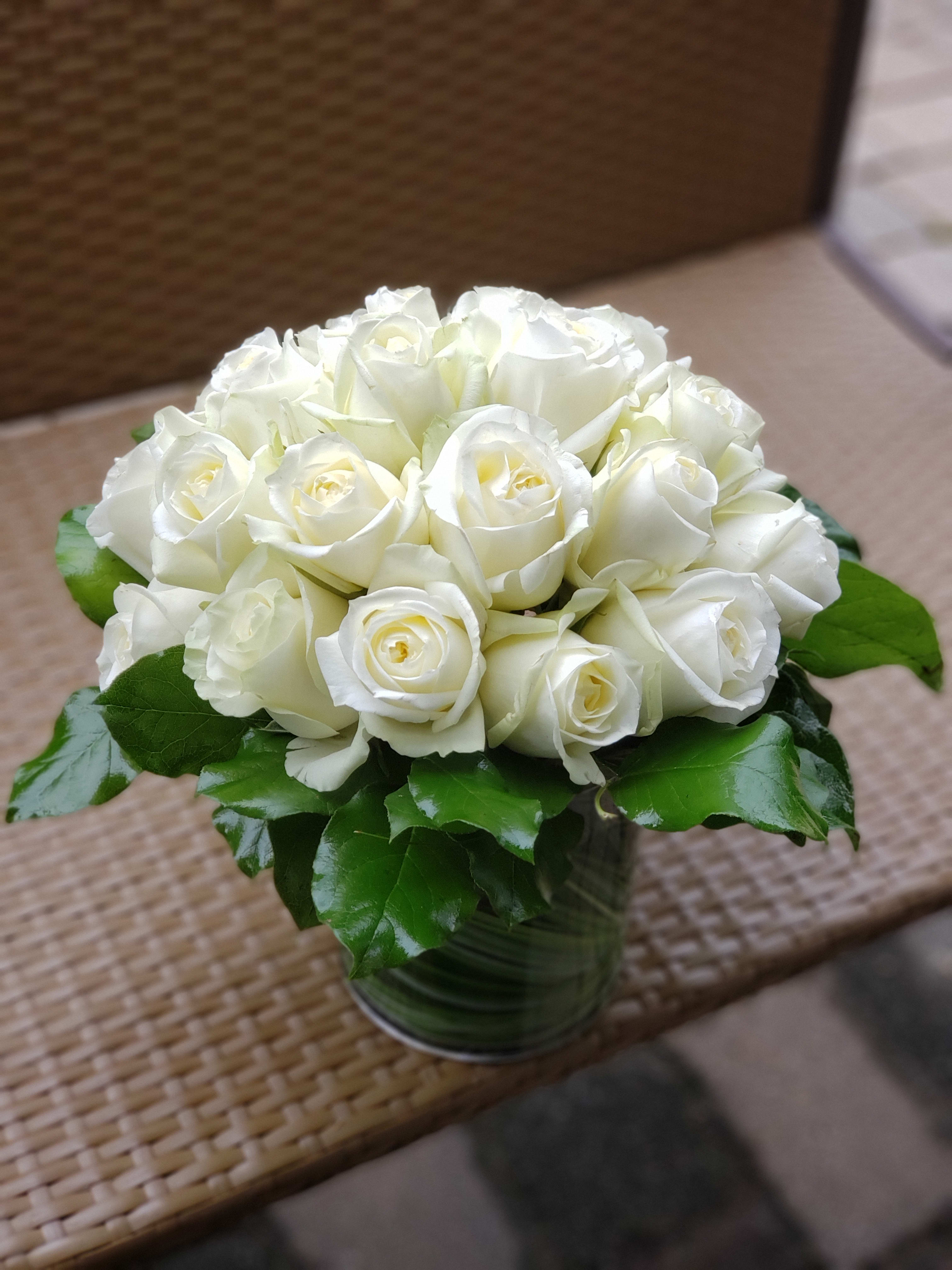 Two Dozen White  - Make a bold statement with this elegantly simple design. White roses symbolize hope, honor, adoration, and innocence. Two Dozen White Roses by BloomNationâ¢ is the perfect gift to welcome new beginnings or show your respects.  2 dozen -regular, 3 dozen -deluxe and 4 dozen is premium.  