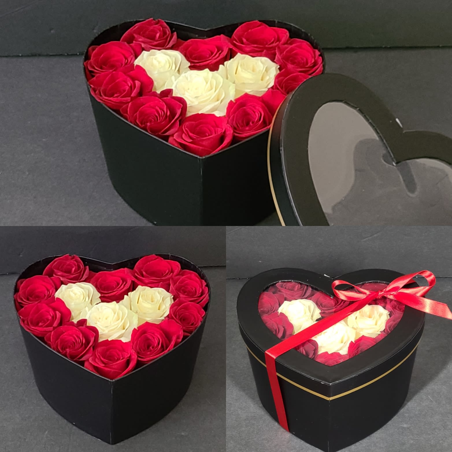 Heart-shaped boxes filled with red and white roses