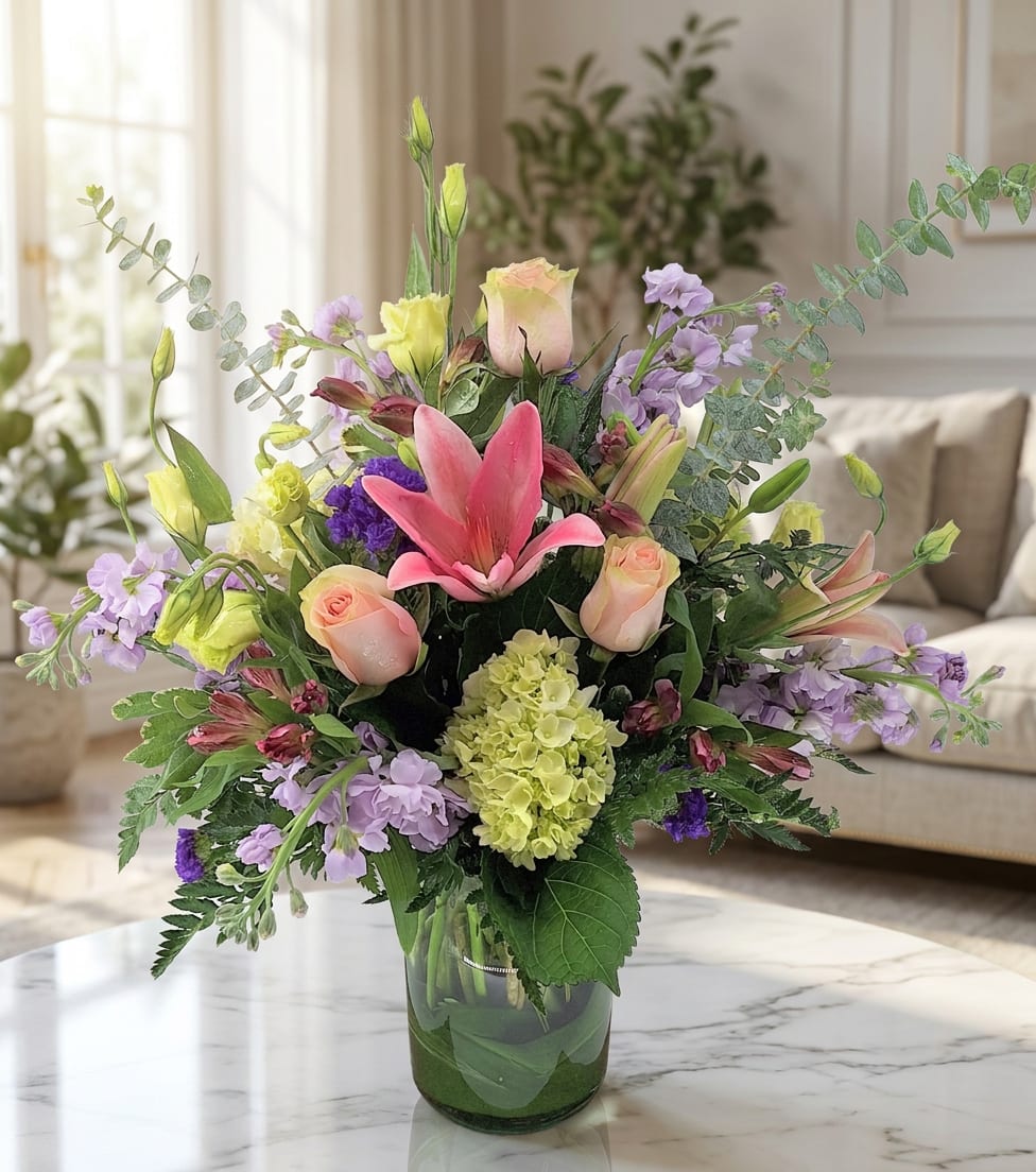 Mixed bouquet with pink lilies, roses, and lavender flowers in a glass vase