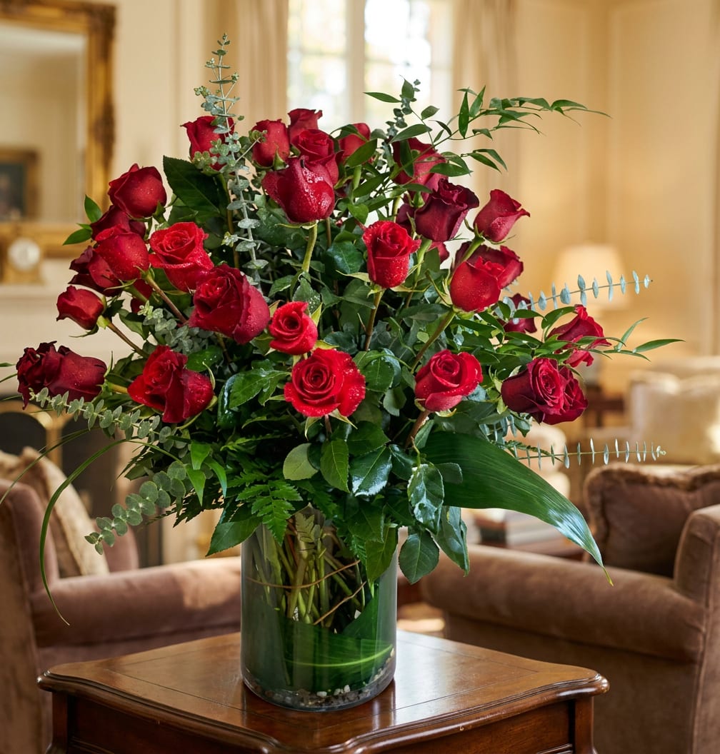 Red roses arranged in a clear glass vase with greenery