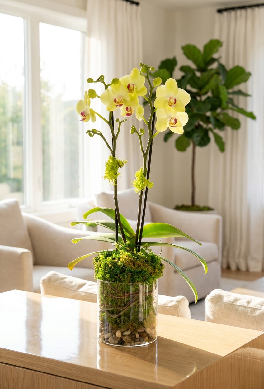 Yellow orchids in a glass vase with moss and stones