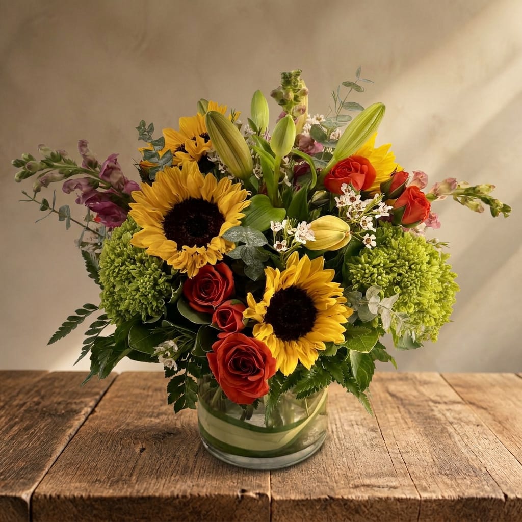 Mixed bouquet with sunflowers, red roses, lilies, and green blooms in a glass vase