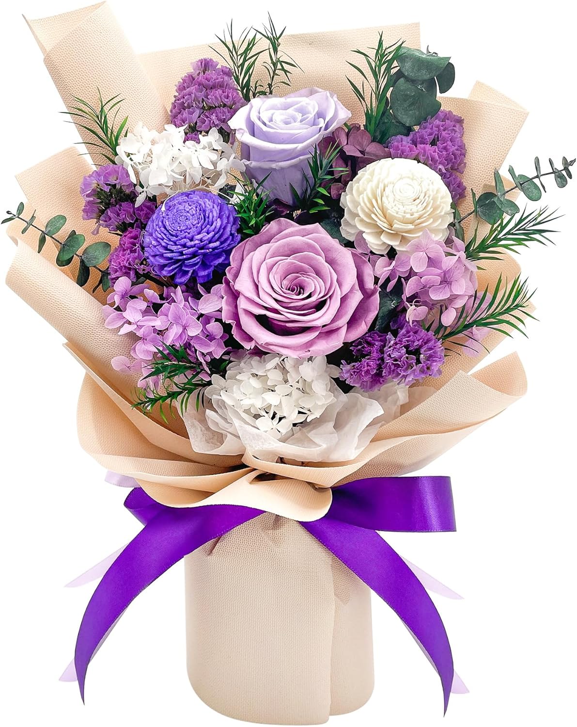 Preserved Flowers- White and purple bouquet - Lavender and blush roses take center stage in this preserved flower arrangement, a white and purple bouquet perfect for birthdays, anniversaries, or a thoughtful "thinking of you" gift. The rounded, hand-tied presentation feels romantic and cheerful-she'll notice the soft pastel palette and the delicate pops of purple that make this arrangement feel both feminine and elegant.  Please note that these flowers are preserved flowers.