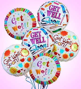 Cluster of colorful get well soon balloons on a pink background