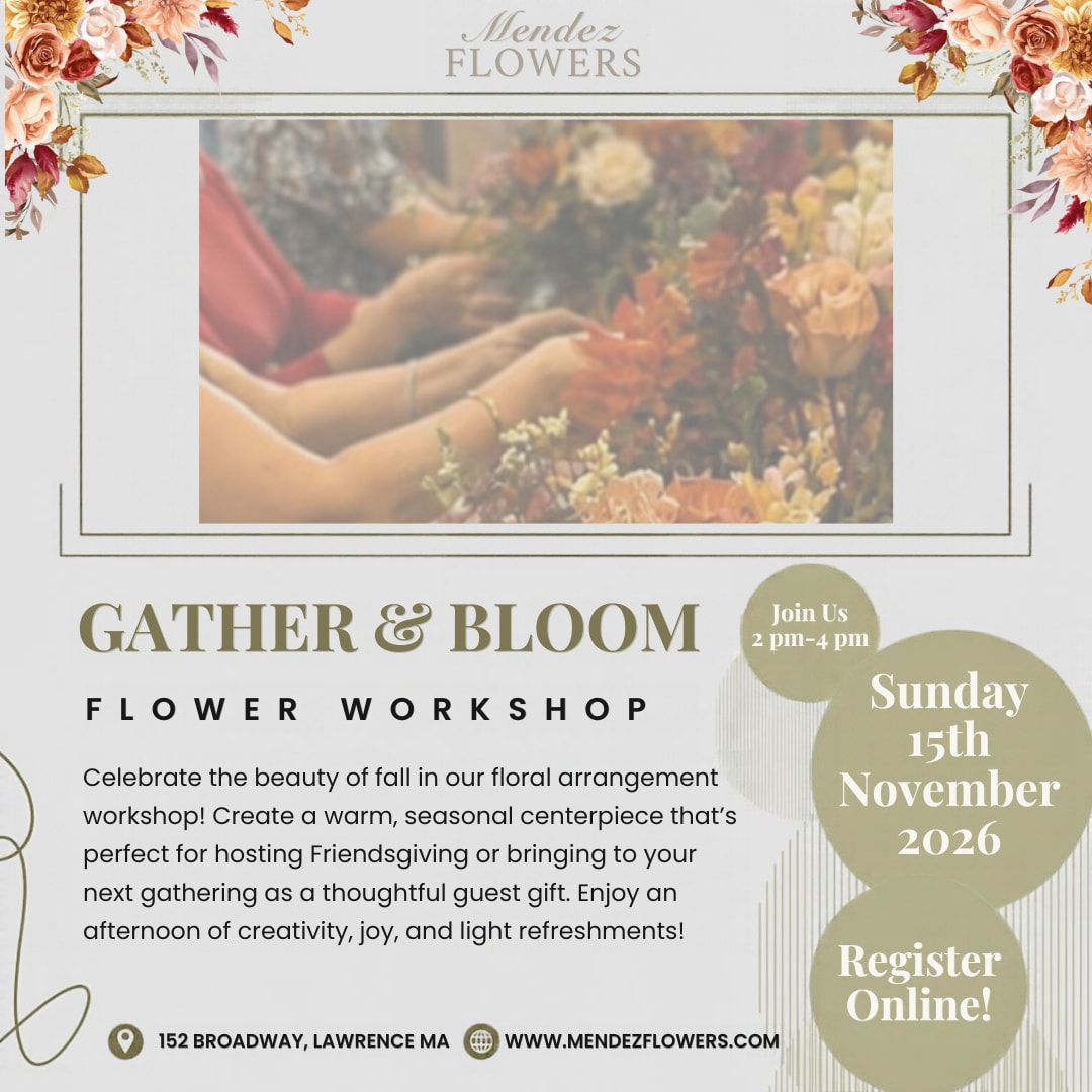 Flyer for a flower workshop with floral border and event details
