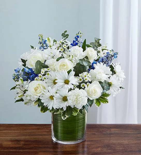 Cherished Memories - Blue and White - Product ID: 95409   Remember a loved one during times of sorrow with a beautiful blue and white sympathy arrangement. This graceful gathering of roses, delphinium, alstroemeria, carnations and daisy poms is elegantly arranged in a stylish cylinder vase to offer a comforting expression of condolences. Graceful blue and white arrangement of roses, delphinium, alstroemeria, carnations, daisy poms and monte casino, gathered with variegated pittosporum and spiral eucalyptus Hand-designed by our expert florists in a stylish clear glass cylinder vase wrapped with a Ti leaf ribbon; vase measures 6"H Appropriate for the service or the home of friends and family members Large arrangement measures approximately 16"H x 17"L Medium arrangement measures approximately 15"H x 16"L Small arrangement measures approximately 14"H X 15"L Our florists hand-design each arrangement, so colors, varieties, and vase may vary due to local availability