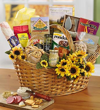 Gift basket with snacks and sunflower decorations