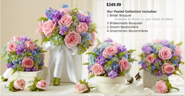 Pastel bridal bouquets with pink roses and purple-blue flowers