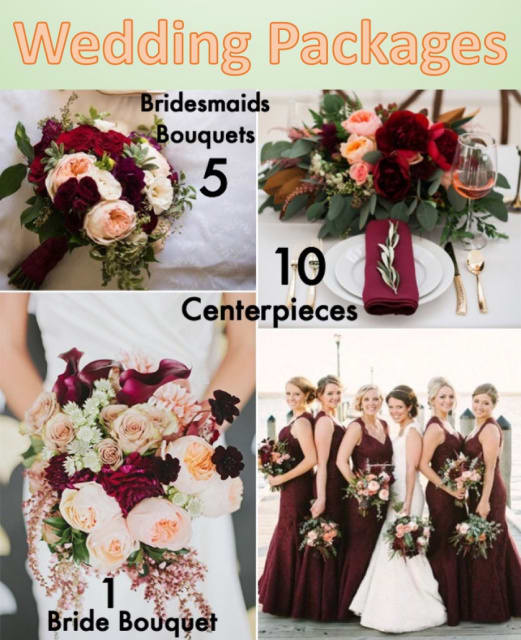 Wedding package collage showing bridal and bridesmaid bouquets and centerpieces