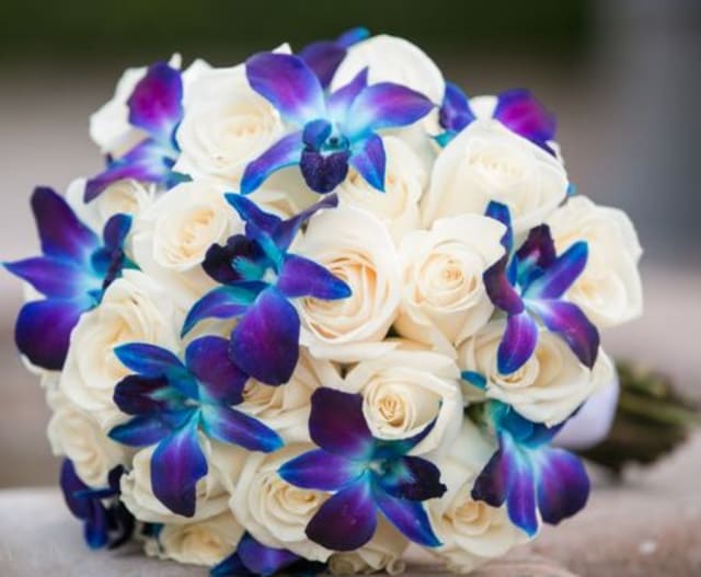 Bouquet of white roses with blue-purple orchid accents