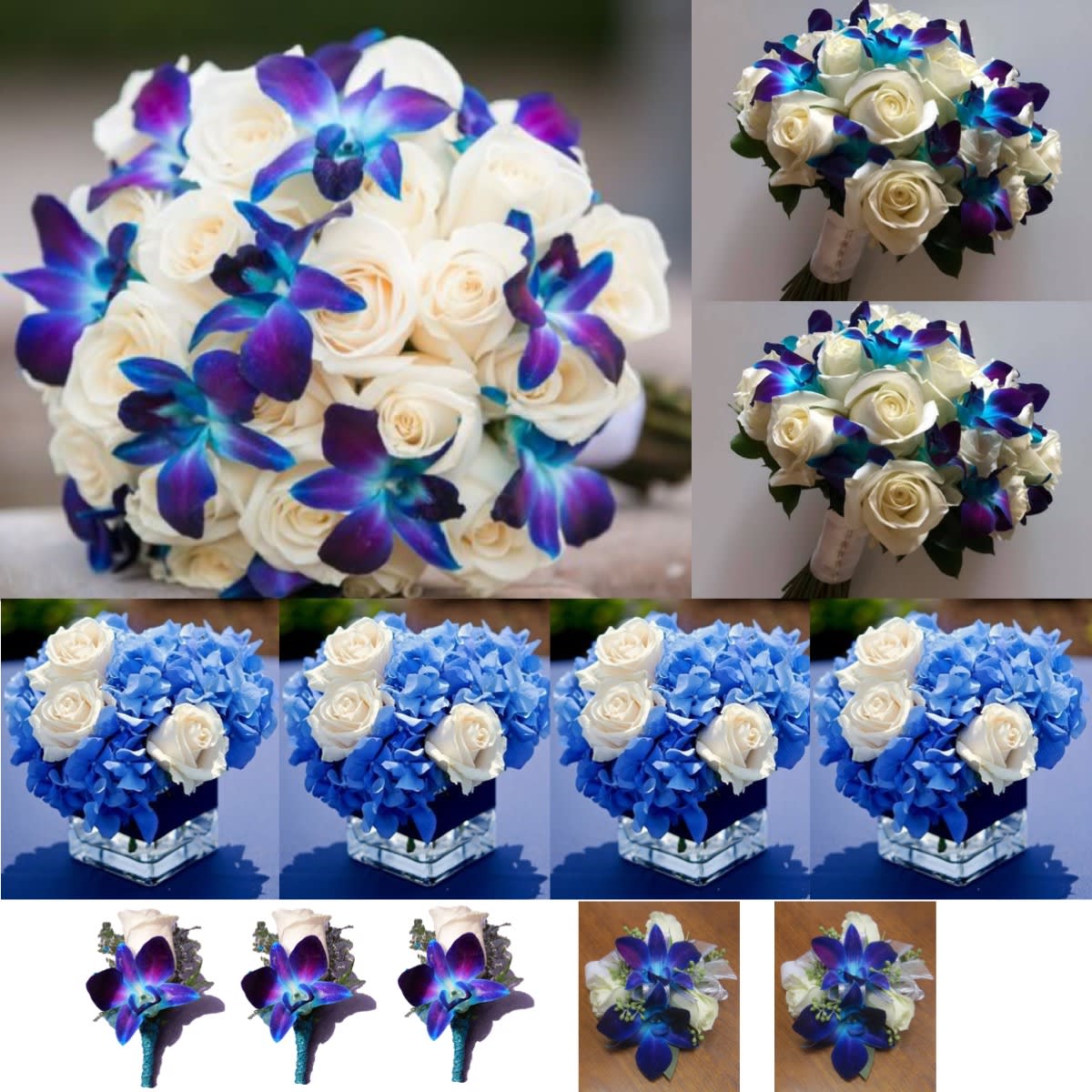 Bouquets of white roses with vivid blue-purple orchids and blue hydrangeas