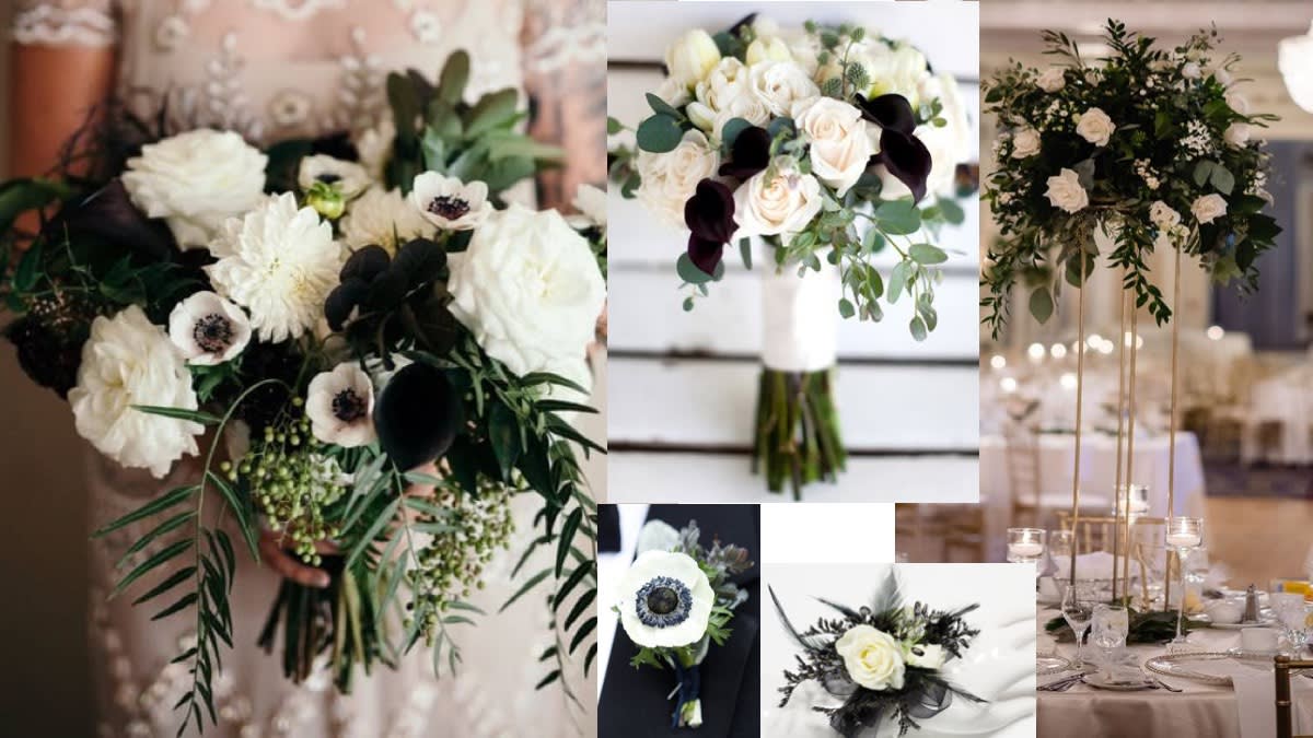 White and dark floral wedding bouquet with greenery and a matching centerpiece