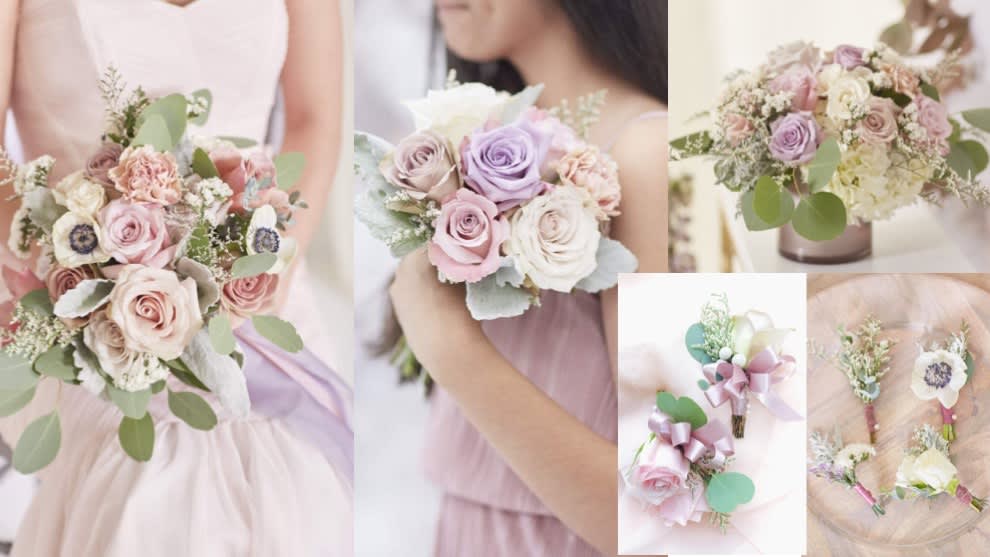 Pastel rose bouquets and boutonnieres with ribbon accents