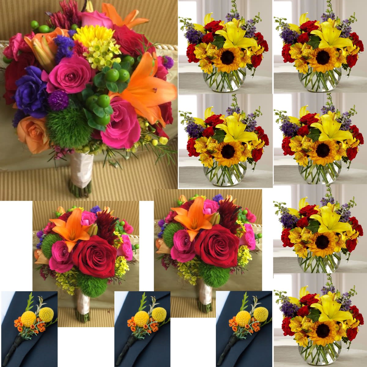 Collage of colorful bouquets and boutonnieres with roses, lilies, and sunflowers