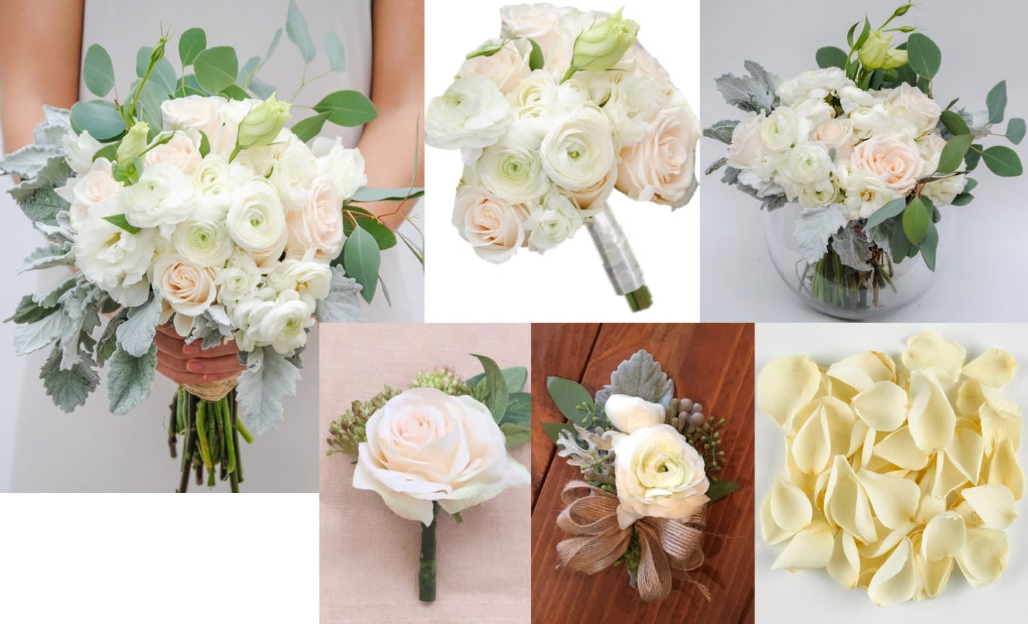 White and blush rose bouquet with eucalyptus and dusty miller