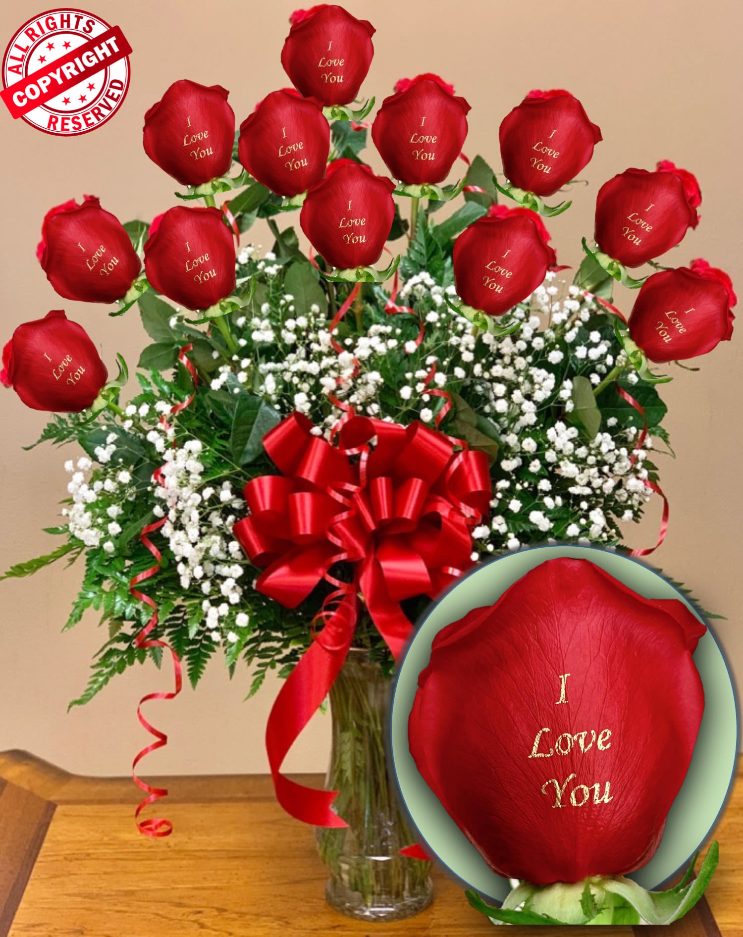 Red roses with "I Love You" text in a glass vase with baby's breath and a red bow