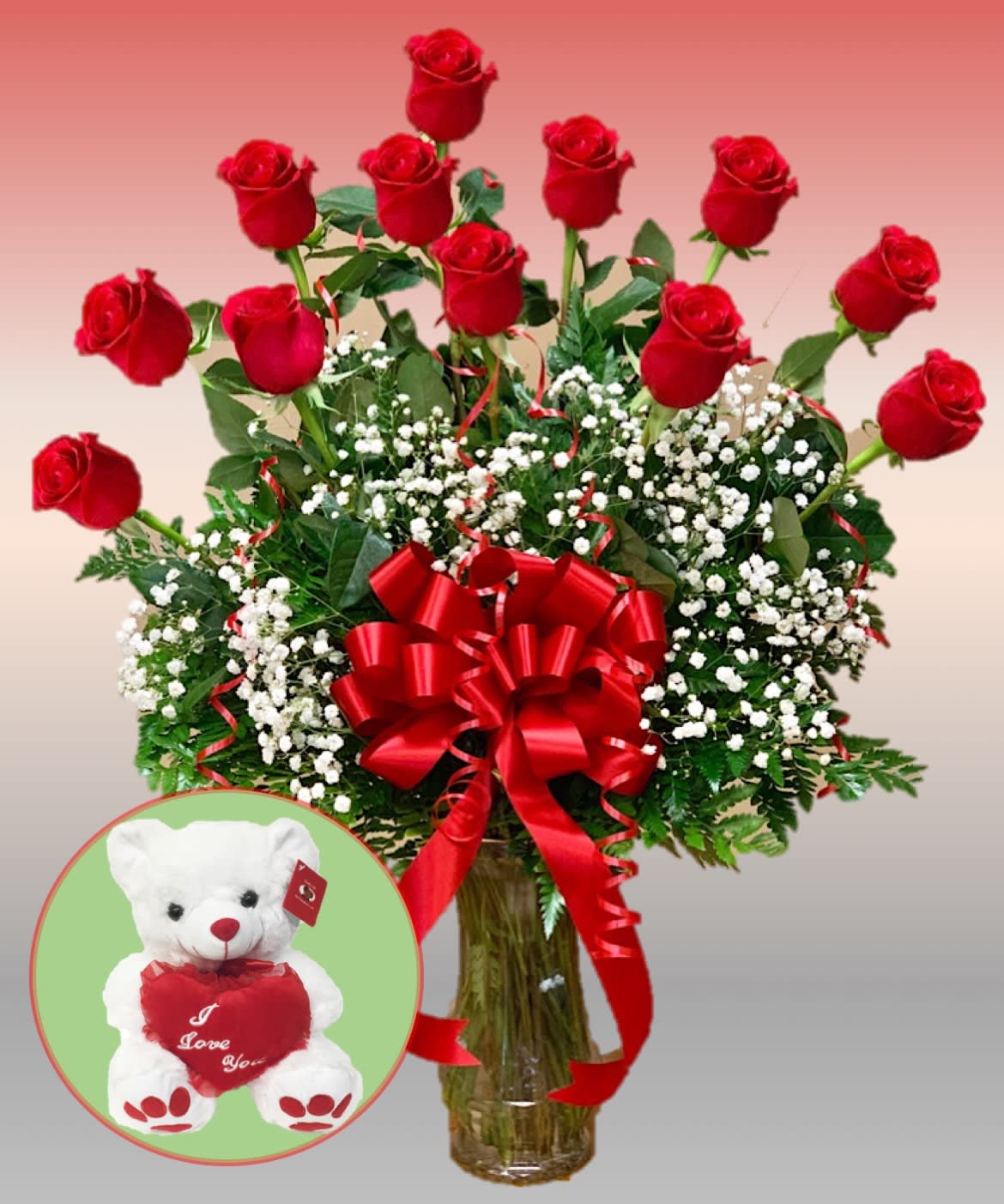 Red roses in a glass vase with baby's breath and a teddy bear inset