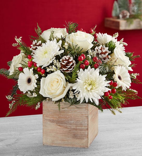 White roses and daisies in a wooden box with pinecones and red berries