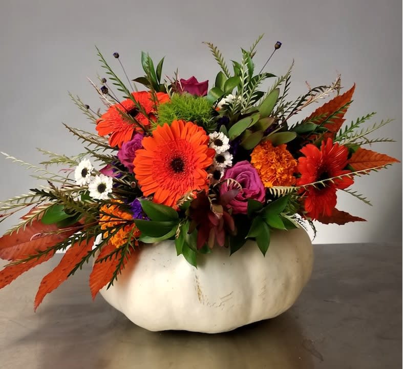 Orange and purple flower arrangement in a white pumpkin container
