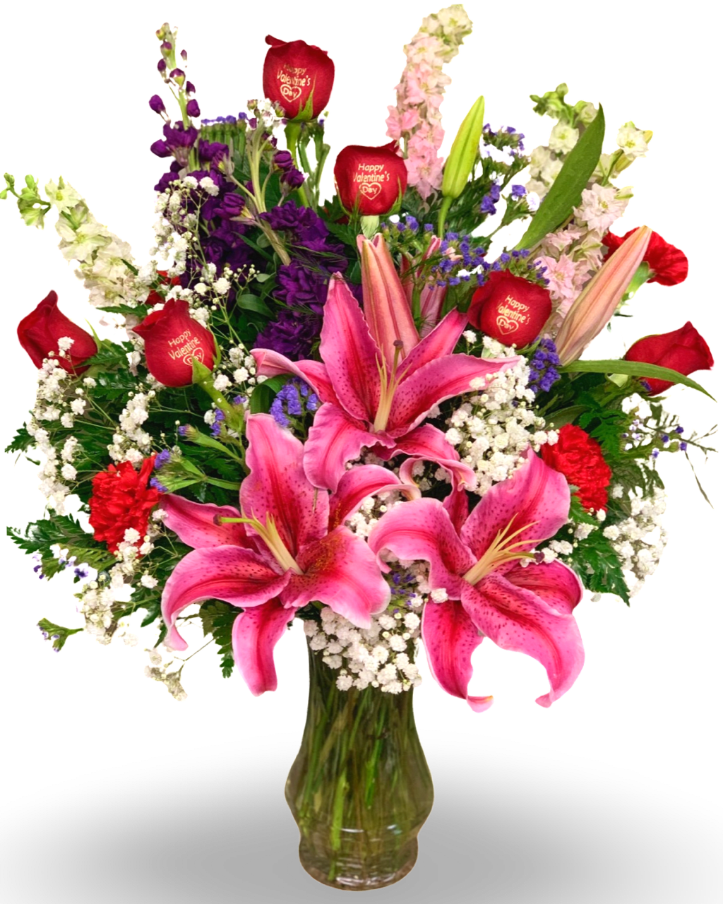 Happy Valentine’s Day, Gorgeous - Celebrate your love and heartfelt emotion with a display of the most amazing roses.     A gorgeous flower arrangement of fresh embossed premium long-stemmed red roses are mixed beautifully with stargazer pink lilies, purple stock, white larkspur, red carnations and baby's breath situated in a superior 9-inch clear glass vase, are the perfect way to shine a light on your every emotion.   