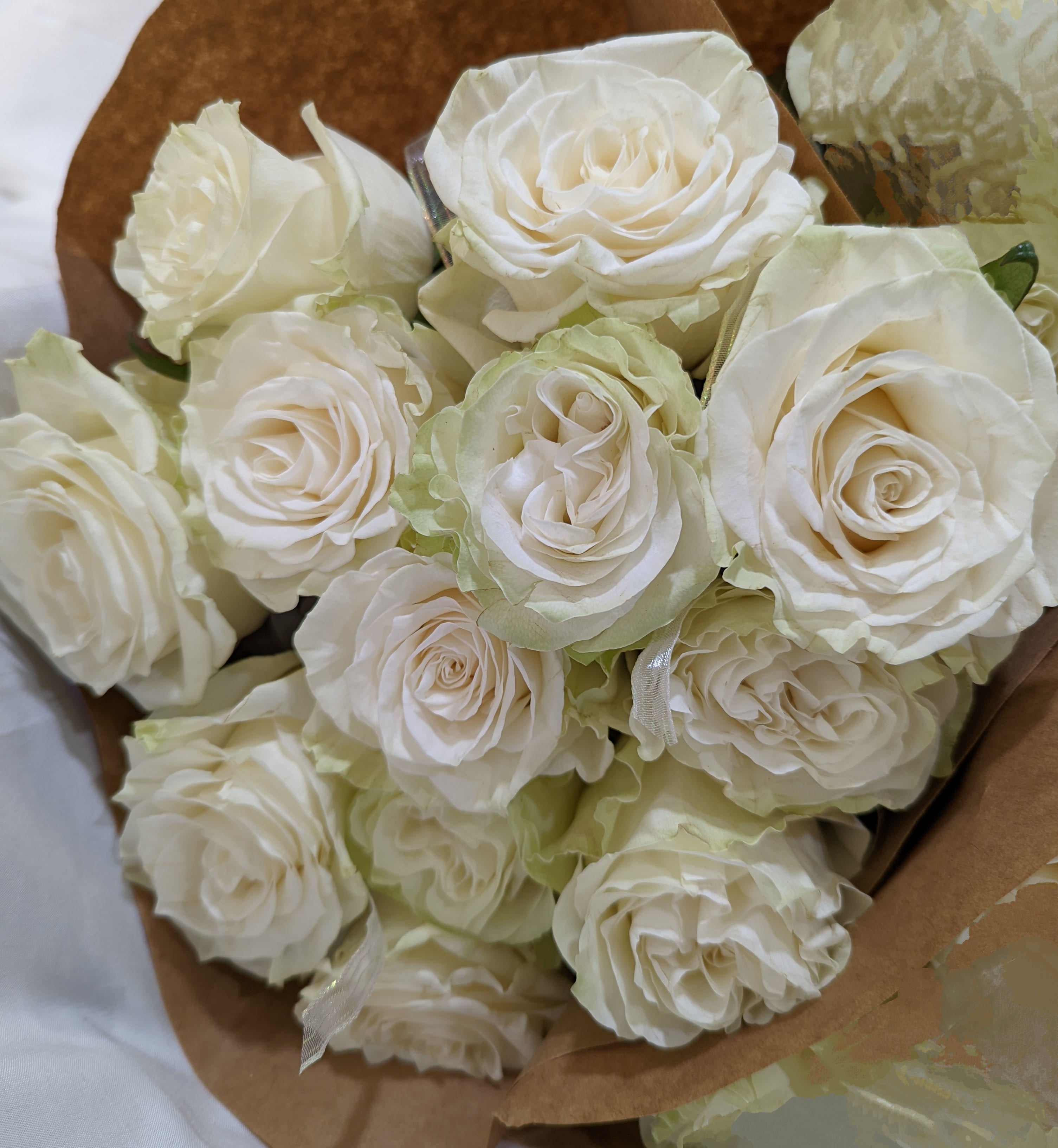 Bouquet of cream-white roses wrapped in brown paper