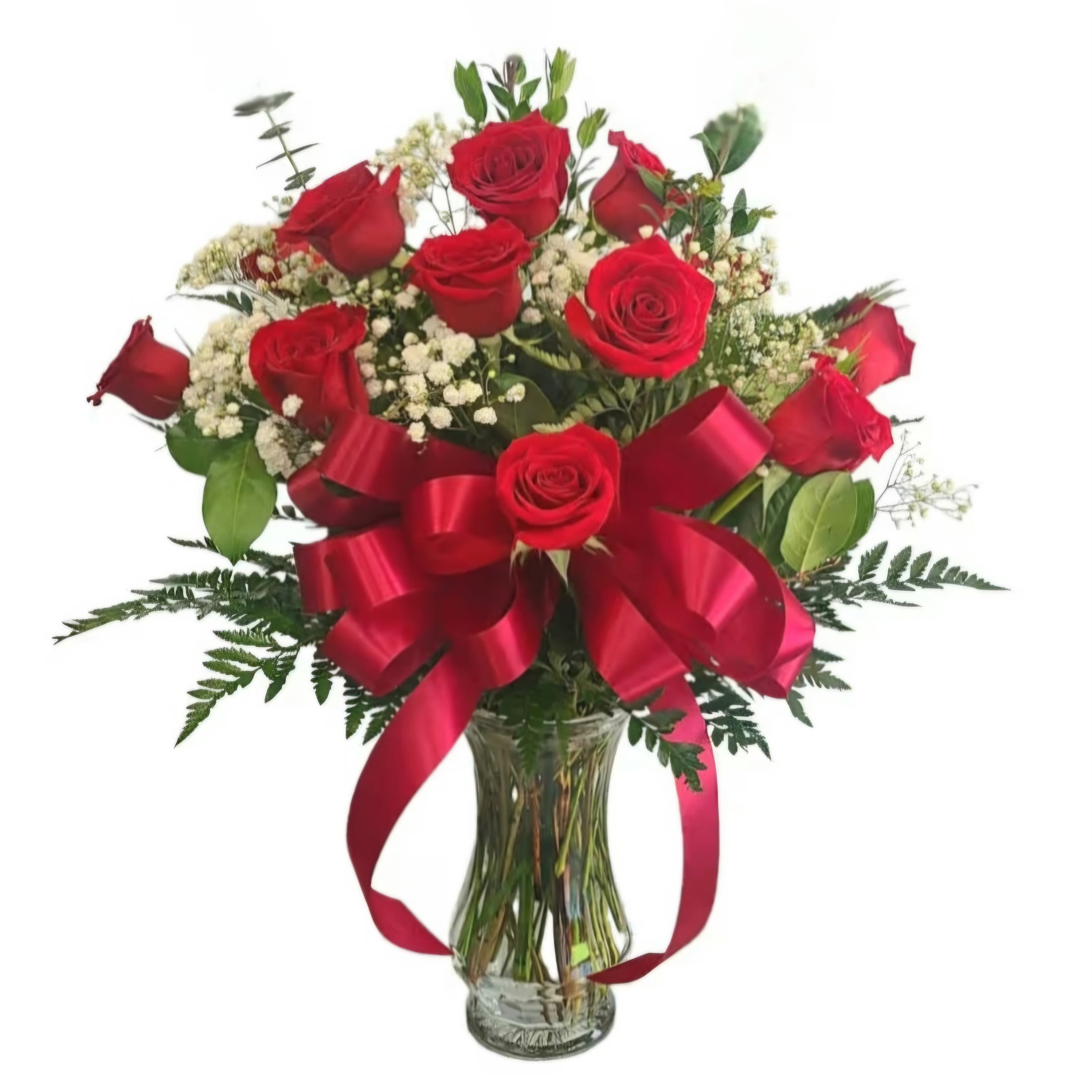 Red roses arranged in a clear glass vase with a large red ribbon