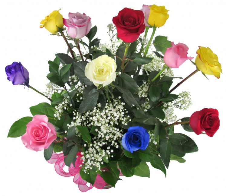 Bouquet of multicolored roses with baby's breath