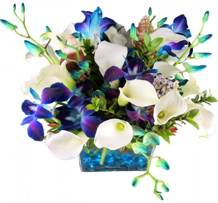 Bouquet of white calla lilies and blue-purple orchids in a blue glass vase