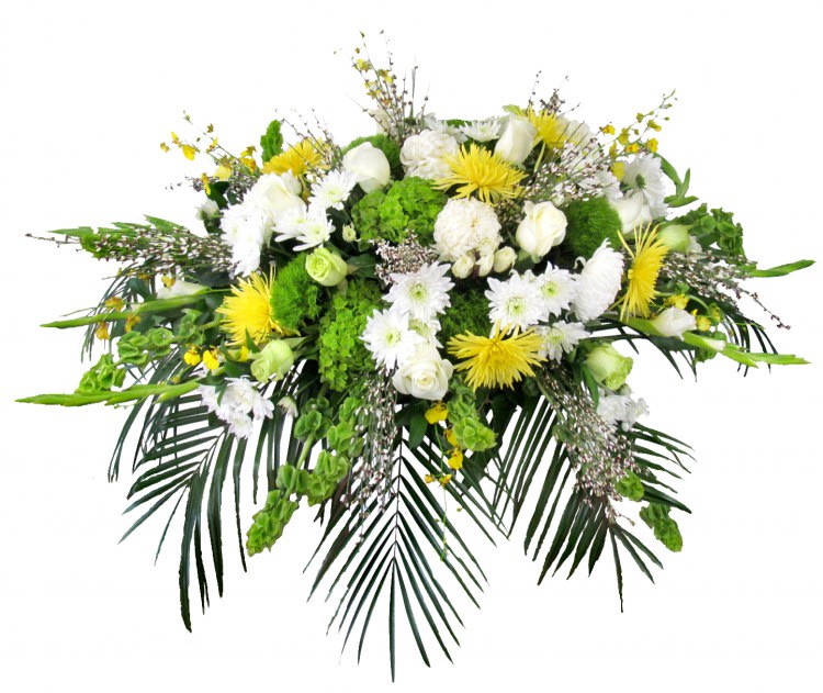 White and yellow floral spray with palm fronds