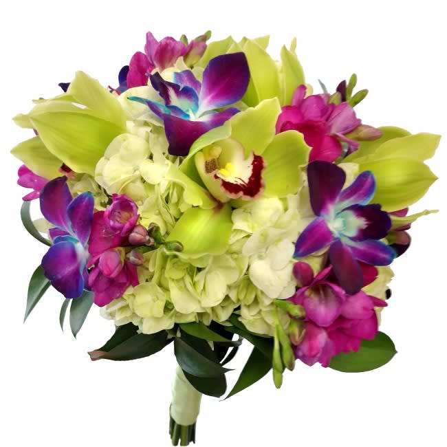 Bouquet of lime green orchids, white hydrangeas, and magenta flowers