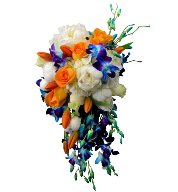 Cascade bouquet of orange, white, and blue-purple flowers