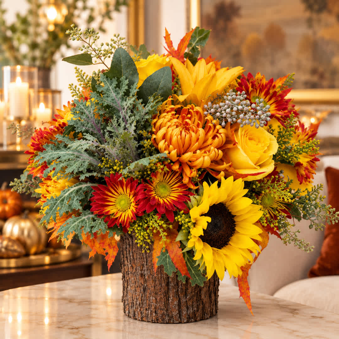 Autumn bouquet with sunflowers, yellow roses, and orange mums in a bark-covered container