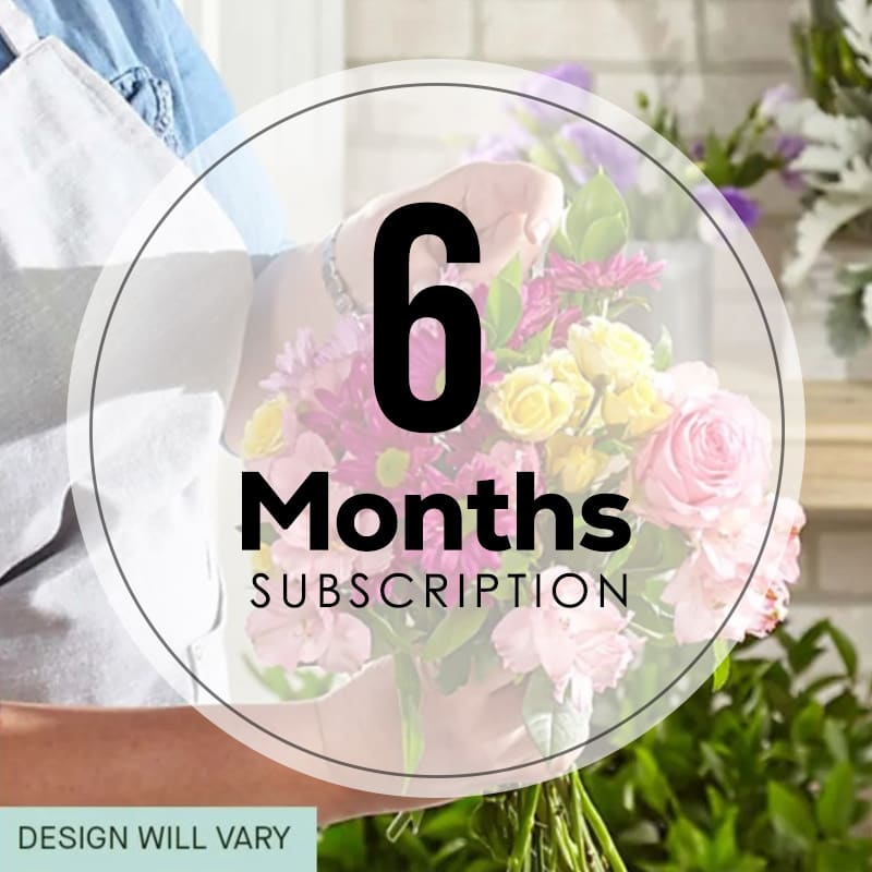 Person holding a pastel mixed flower bouquet with a 6 months subscription overlay